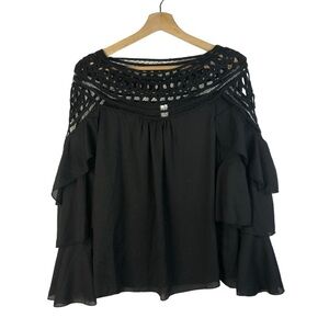 Giddy Up Boutique Black Lace Shoulder Ruffle Long Sleeve Top S